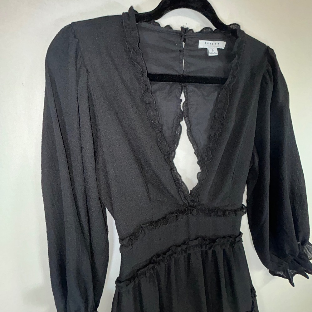 Favlux Black Ruffle Mini Dress Romantic Goth Coquette Open Back Long Sleeve - Picture 3 of 10